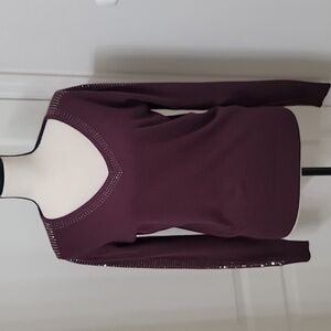 Milano Size M Eggplant Purple V Neck Knit Long Sleeve Sweater w/Dark Rhinestones